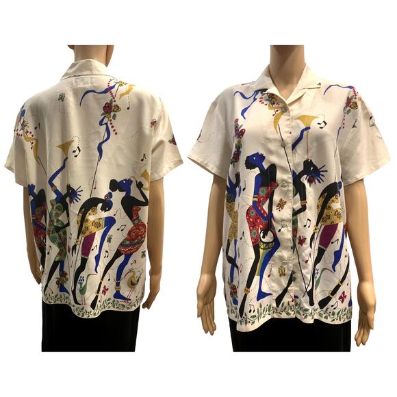 80s Rayon Shirt Colorful African Dancers Print | Women Short Sleeve | In Wear - Picture 2 of 10